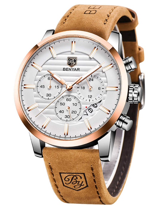 BY BENYAR Quartz Chronograph Waterproof White Dial Business and Sport Design Leather Band Strap Men's Wrist Watch (Brown) 