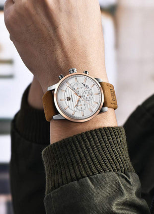 BY BENYAR Quartz Chronograph Waterproof White Dial Business and Sport Design Leather Band Strap Men's Wrist Watch (Brown) 