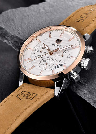 BY BENYAR Quartz Chronograph Waterproof White Dial Business and Sport Design Leather Band Strap Men's Wrist Watch (Brown) 