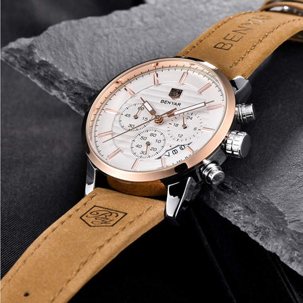 BY BENYAR Quartz Chronograph Waterproof White Dial Business and Sport Design Leather Band Strap Men's Wrist Watch (Brown) 