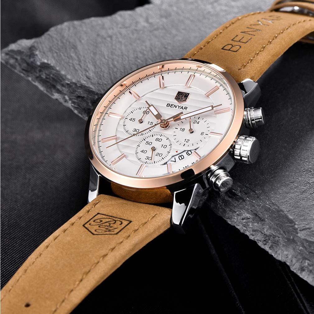 BY BENYAR Quartz Chronograph Waterproof White Dial Business and Sport Design Leather Band Strap Men's Wrist Watch (Brown) 