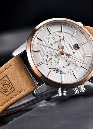 BY BENYAR Quartz Chronograph Waterproof White Dial Business and Sport Design Leather Band Strap Men's Wrist Watch (Brown) 