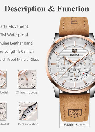 BY BENYAR Quartz Chronograph Waterproof White Dial Business and Sport Design Leather Band Strap Men's Wrist Watch (Brown) 