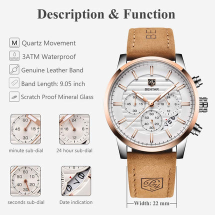 BY BENYAR Quartz Chronograph Waterproof White Dial Business and Sport Design Leather Band Strap Men's Wrist Watch (Brown) 