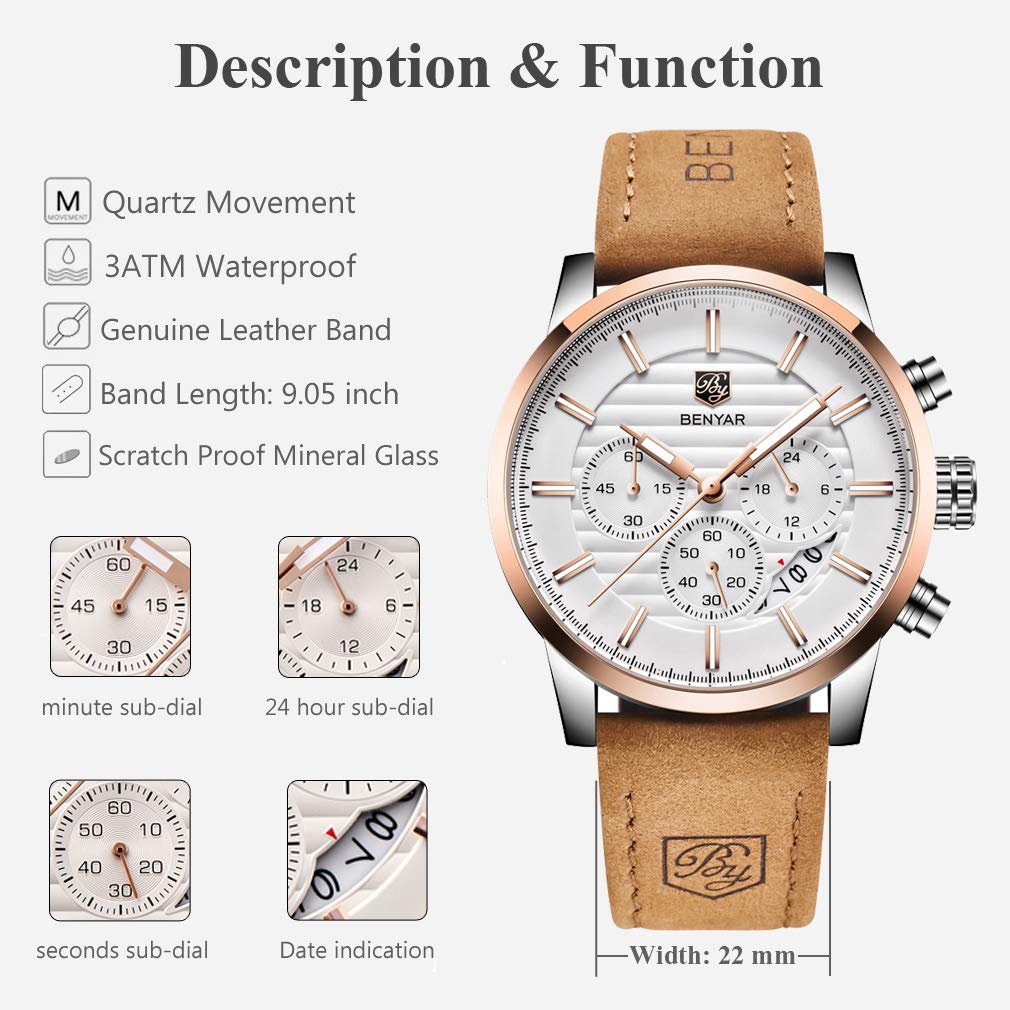BY BENYAR Quartz Chronograph Waterproof White Dial Business and Sport Design Leather Band Strap Men's Wrist Watch (Brown) 