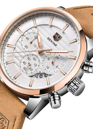 BY BENYAR Quartz Chronograph Waterproof White Dial Business and Sport Design Leather Band Strap Men's Wrist Watch (Brown) 