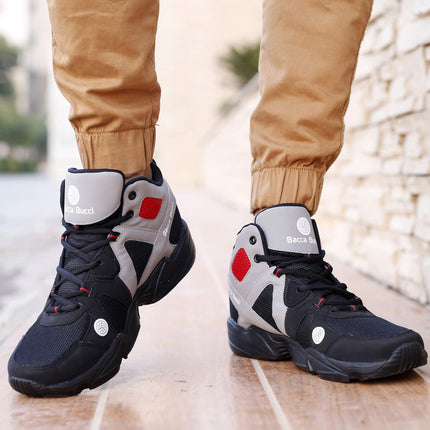 Bacca Bucci® Men's Caper High Top Men Sneakers with Anti Slip Sole & Breathable Upper- Grey/Black, Size UK8 