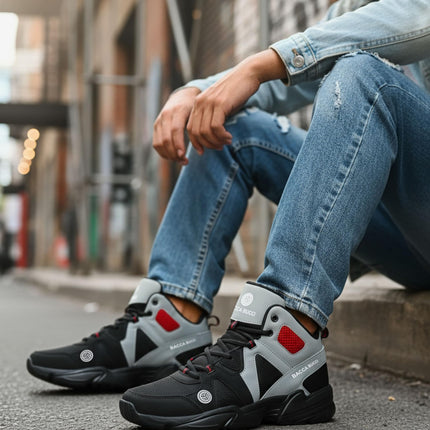 Bacca Bucci® Men's Caper High Top Men Sneakers with Anti Slip Sole & Breathable Upper- Grey/Black, Size UK8 