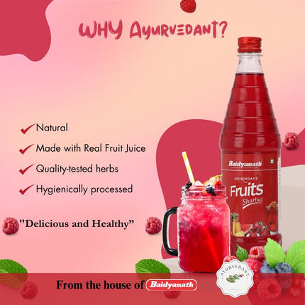 Baidyanath Ayurvedant Fruit Sharbat - 750 ML - Refreshing Natural Beverage Mix Rich in Vitamins & Antioxidants for Summer Hydration 