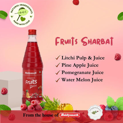 Baidyanath Ayurvedant Fruit Sharbat - 750 ML - Refreshing Natural Beverage Mix Rich in Vitamins & Antioxidants for Summer Hydration 