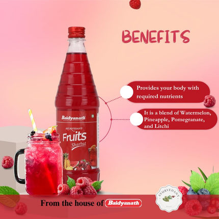 Baidyanath Ayurvedant Fruit Sharbat - 750 ML - Refreshing Natural Beverage Mix Rich in Vitamins & Antioxidants for Summer Hydration 