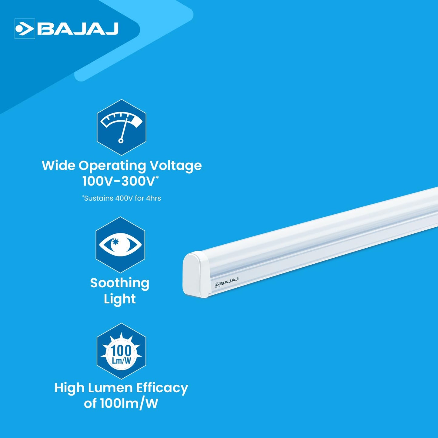Bajaj 20W Cool Day Light LED Tubelight (Pack Of 1) | LED Tube Light For Home | IR Free | UV Free | Voltage Surge Protection Of 4 KV | Bright & Energy Efficient | White | 1 Yr Warranty 