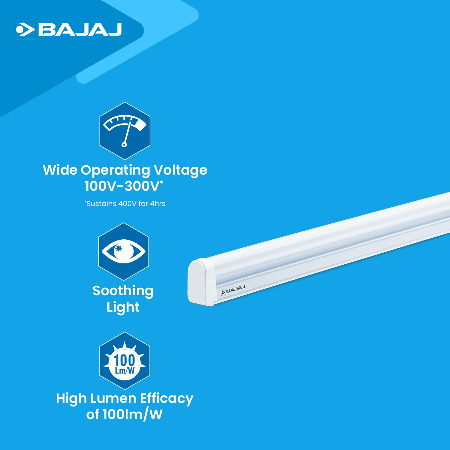 Bajaj 20W Cool Day Light LED Tubelight (Pack Of 1) | LED Tube Light For Home | IR Free | UV Free | Voltage Surge Protection Of 4 KV | Bright & Energy Efficient | White | 1 Yr Warranty 