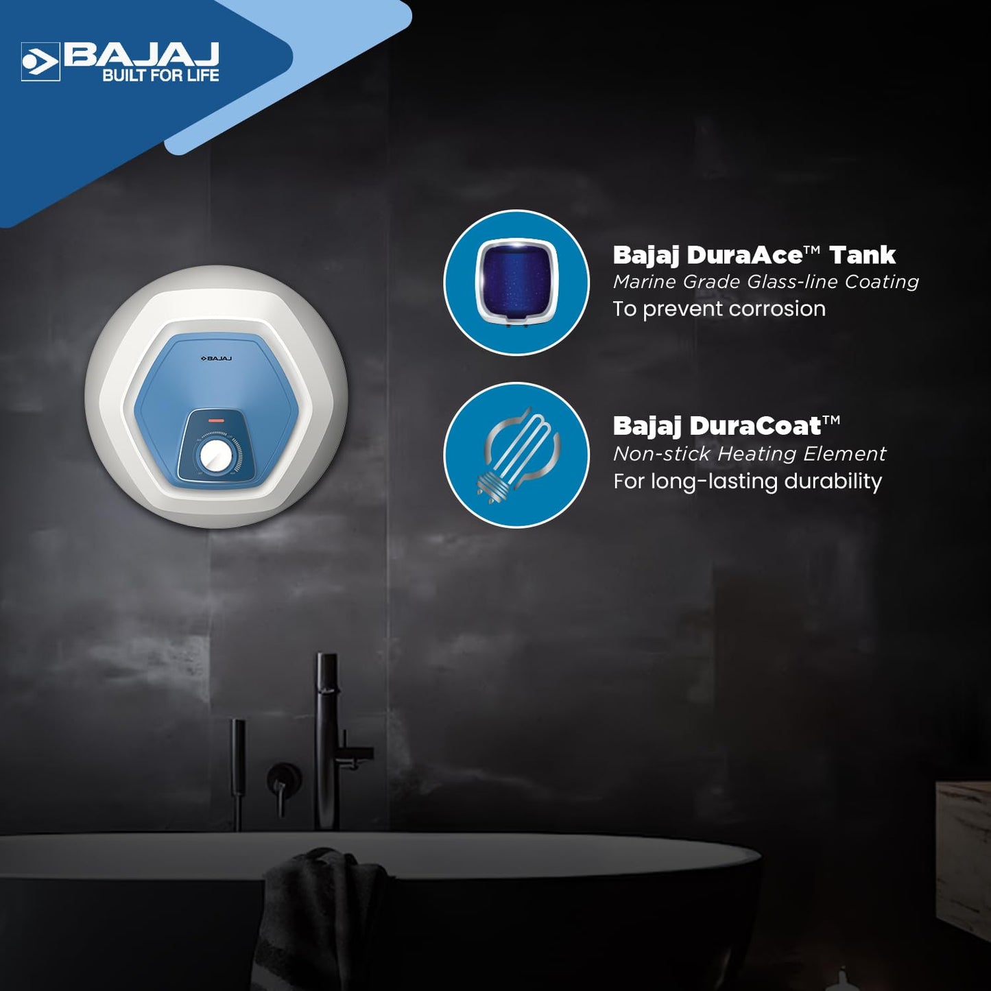 Bajaj Armour series Contempo 10L Storage Water Heater For Home|5 Star Rated Geyser For Bathroom|20% More Hot Water*|Thermostat Knob|Shock Resistant & Rust Proof|Child Safety Mode|4-Yr Warranty|White 