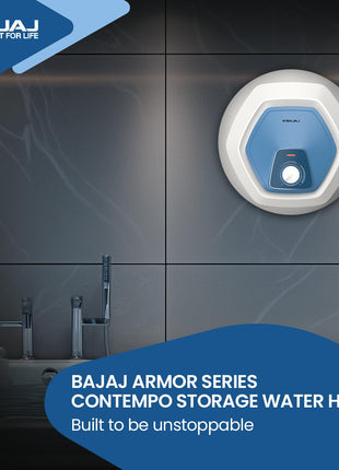 Bajaj Armour series Contempo 10L Storage Water Heater For Home|5 Star Rated Geyser For Bathroom|20% More Hot Water*|Thermostat Knob|Shock Resistant & Rust Proof|Child Safety Mode|4-Yr Warranty|White 
