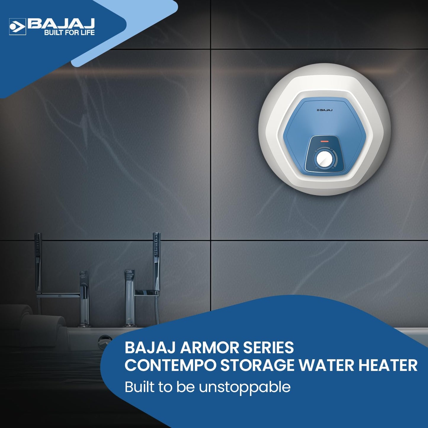 Bajaj Armour series Contempo 10L Storage Water Heater For Home|5 Star Rated Geyser For Bathroom|20% More Hot Water*|Thermostat Knob|Shock Resistant & Rust Proof|Child Safety Mode|4-Yr Warranty|White 