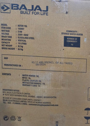 Bajaj Astor 10 Ltr Storage Water Heater | Water Heating With Swirl Flow Technology | Child Safety Mode | Inner Tank With 10 Years Warranty | Free Installation 【Grey & White】 