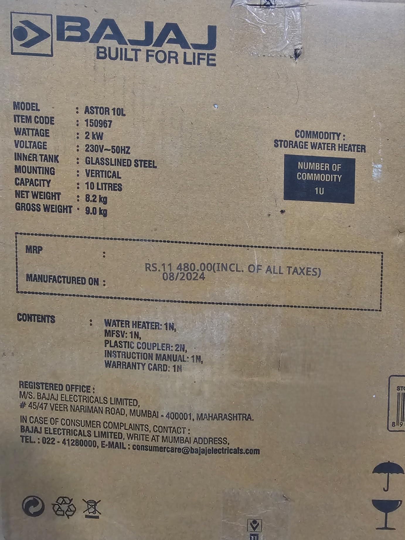 Bajaj Astor 10 Ltr Storage Water Heater | Water Heating With Swirl Flow Technology | Child Safety Mode | Inner Tank With 10 Years Warranty | Free Installation 【Grey & White】 