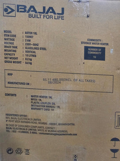 Bajaj Astor 10 Ltr Storage Water Heater | Water Heating With Swirl Flow Technology | Child Safety Mode | Inner Tank With 10 Years Warranty | Free Installation 【Grey & White】 