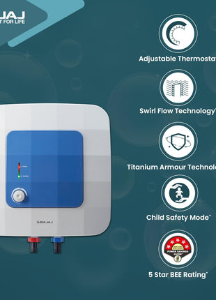 Bajaj Compagno 2000 W 10 Litre Vertical Storage Water Heater| Star Rated Geyser| Water Heating With Titanium Armour & Swirl Flow Technology| Child Safety Mode|2-Yr Warranty By Bajaj 【White & Blue】 