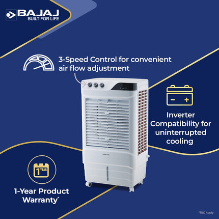 Bajaj DMH65 Neo 65L Desert Air Cooler For Home | For Larger Room | Big Ice Chamber | High-Speed | Invertor Compatible | 90Ft Air Throw | 3 Yrs Warranty (1 Yr Standard + 2 Yrs Extended Warranty)【White】 