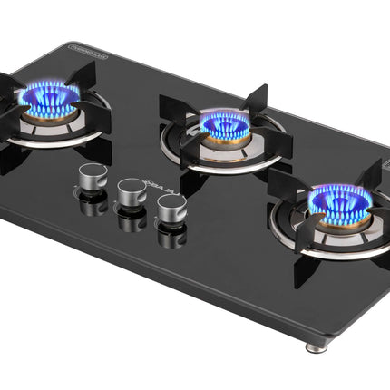 Bajaj Dual Hob Top & Open Gas Stove 3 Burners | 8 MM Toughened Glasstop | Smart Swivel Nozzle | Stainless Steel Driptray | Brass Burners | ISI Certified | 2-Yr Warranty 【Black】 