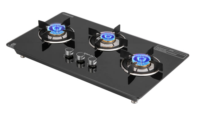 Bajaj Dual Hob Top & Open Gas Stove 3 Burners | 8 MM Toughened Glasstop | Smart Swivel Nozzle | Stainless Steel Driptray | Brass Burners | ISI Certified | 2-Yr Warranty 【Black】 