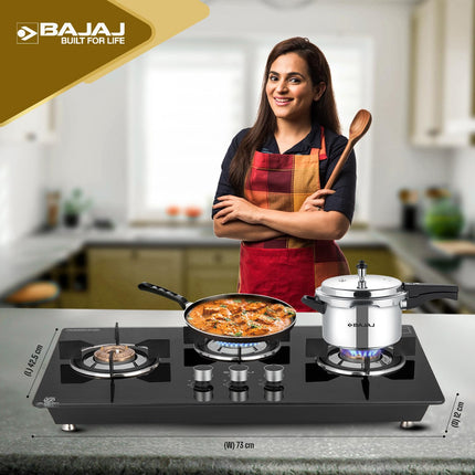 Bajaj Dual Hob Top & Open Gas Stove 3 Burners | 8 MM Toughened Glasstop | Smart Swivel Nozzle | Stainless Steel Driptray | Brass Burners | ISI Certified | 2-Yr Warranty 【Black】 