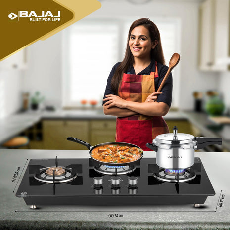 Bajaj Dual Hob Top & Open Gas Stove 3 Burners | 8 MM Toughened Glasstop | Smart Swivel Nozzle | Stainless Steel Driptray | Brass Burners | ISI Certified | 2-Yr Warranty 【Black】 