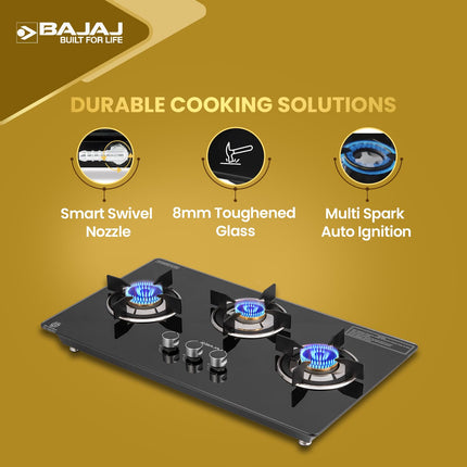Bajaj Dual Hob Top & Open Gas Stove 3 Burners | 8 MM Toughened Glasstop | Smart Swivel Nozzle | Stainless Steel Driptray | Brass Burners | ISI Certified | 2-Yr Warranty 【Black】 