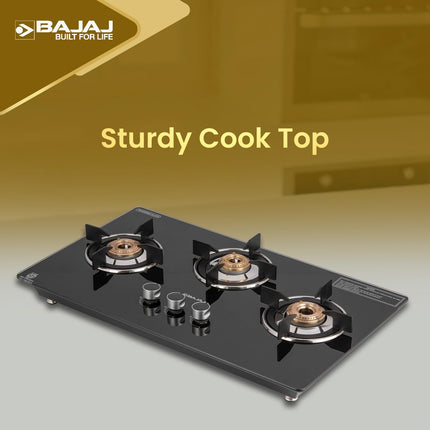 Bajaj Dual Hob Top & Open Gas Stove 3 Burners | 8 MM Toughened Glasstop | Smart Swivel Nozzle | Stainless Steel Driptray | Brass Burners | ISI Certified | 2-Yr Warranty 【Black】 