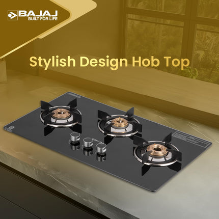 Bajaj Dual Hob Top & Open Gas Stove 3 Burners | 8 MM Toughened Glasstop | Smart Swivel Nozzle | Stainless Steel Driptray | Brass Burners | ISI Certified | 2-Yr Warranty 【Black】 