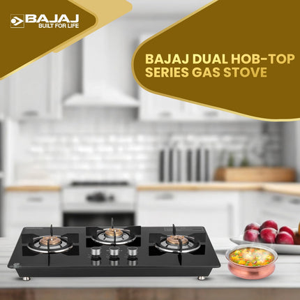 Bajaj Dual Hob Top & Open Gas Stove 3 Burners | 8 MM Toughened Glasstop | Smart Swivel Nozzle | Stainless Steel Driptray | Brass Burners | ISI Certified | 2-Yr Warranty 【Black】 