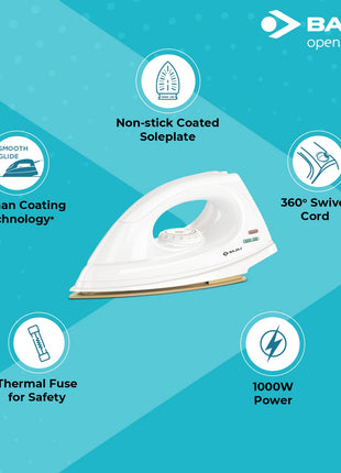 Bajaj Dx-7 1000W Dry Iron With Advance Soleplate And Anti-Bacterial German Coating Technology, White, 1000 Watts 