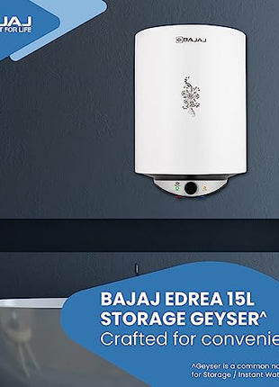 Bajaj Edrea 15 Litre Storage 5-Star Rated Storage vertical Wall Water Heater for home | Polymer Coated Tank | Multiple Safety* | Suitable for High Rise | Child Safety Mode | 5-Yr* Warranty 【White】 