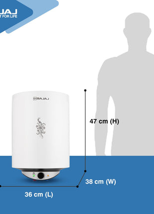 Bajaj Edrea 15 Litre Storage 5-Star Rated Storage vertical Wall Water Heater for home | Polymer Coated Tank | Multiple Safety* | Suitable for High Rise | Child Safety Mode | 5-Yr* Warranty 【White】 