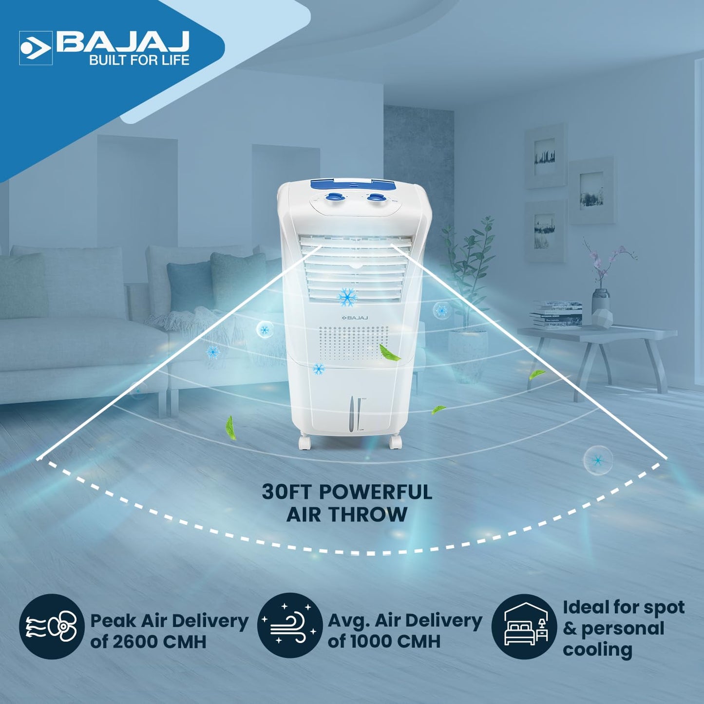 Bajaj Frio New Personal Air Cooler 23L|Mini Cooler|Anti-Bacterial Honeycomb Cooling Pads|Inverter Compatability|20Ft Powerful Air Throw|Ice Chamber|3-Yr Product 2-Yr Pump 1-Yr Motor Warranty【White】 