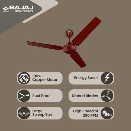 Bajaj Frore 1200 MM (48") 1 Star Rated Ceiling Fans For Home | BEE Star Rated Energy Efficient Ceiling Fan | Rust Free Coating For Long Life | High Air Delivery | 2-Yr Warranty 【Brown】 