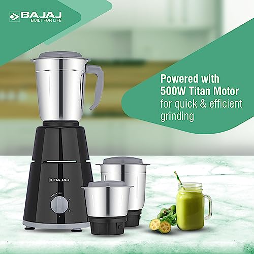 Bajaj GX-1 Mixer Grinder 500W|Superior Mixie For Kitchen|2-in-1 for Dry Grinding| Blade Function With Titan Motor|3 Stainless Steel Mixer Jars|1 Year Product Warranty By Bajaj|Black 