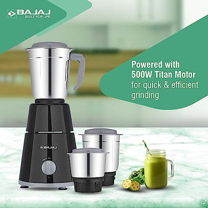 Bajaj GX-1 Mixer Grinder 500W|Superior Mixie For Kitchen|2-in-1 for Dry Grinding| Blade Function With Titan Motor|3 Stainless Steel Mixer Jars|1 Year Product Warranty By Bajaj|Black 