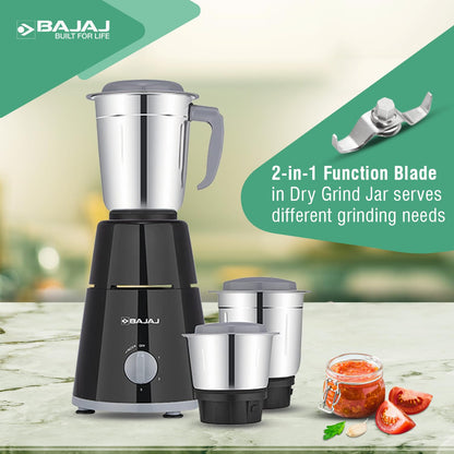 Bajaj GX-1 Mixer Grinder 500W|Superior Mixie For Kitchen|2-in-1 for Dry Grinding| Blade Function With Titan Motor|3 Stainless Steel Mixer Jars|1 Year Product Warranty By Bajaj|Black 