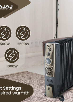 Bajaj Majesty RH 11F Plus Oil Filled Radiator Room Heater with Fan (Black/Golden) - 2500 Watts 