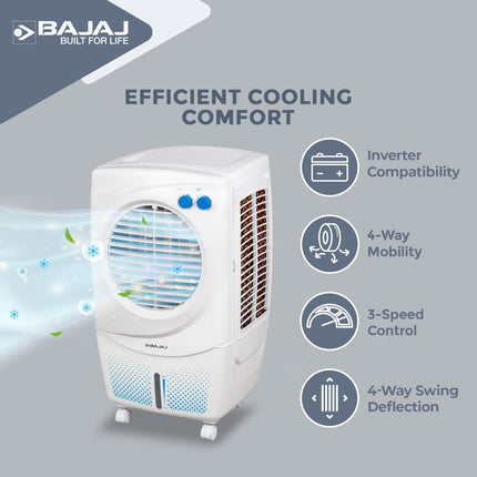 Bajaj PMH 36 Torque 36L Personal Air Cooler For Room| Duramarine Pump with 2-Yr Pump Warranty| 3-Yr Warranty (1 Yr Std + 2 Yr Extn)| TurboFan Technology| Powerful Air Throw| 3-Speed Control| Portable 