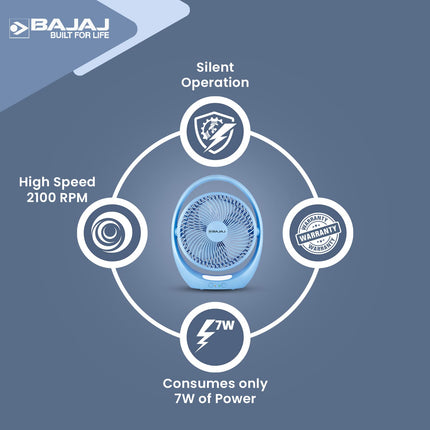 Bajaj Pygmy Go 178 mm Mini Fan with LED Lighting| Rechargeable Fan| USB Charging Fan| 4-hours Battery Backup| 3 Fan Speed| 2-Light Brightness Setting| High Speed Table Fan| Blue Portable Fan 