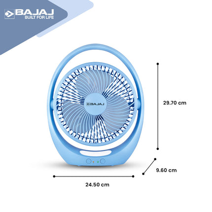 Bajaj Pygmy Go 178 mm Mini Fan with LED Lighting| Rechargeable Fan| USB Charging Fan| 4-hours Battery Backup| 3 Fan Speed| 2-Light Brightness Setting| High Speed Table Fan| Blue Portable Fan 