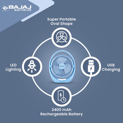 Bajaj Pygmy Go 178 mm Mini Fan with LED Lighting| Rechargeable Fan| USB Charging Fan| 4-hours Battery Backup| 3 Fan Speed| 2-Light Brightness Setting| High Speed Table Fan| Blue Portable Fan 