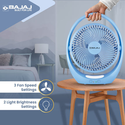 Bajaj Pygmy Go 178 mm Mini Fan with LED Lighting| Rechargeable Fan| USB Charging Fan| 4-hours Battery Backup| 3 Fan Speed| 2-Light Brightness Setting| High Speed Table Fan| Blue Portable Fan 