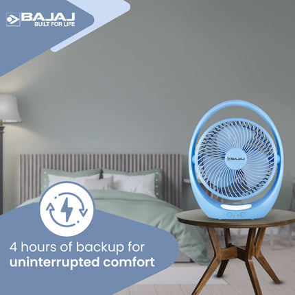 Bajaj Pygmy Go 178 mm Mini Fan with LED Lighting| Rechargeable Fan| USB Charging Fan| 4-hours Battery Backup| 3 Fan Speed| 2-Light Brightness Setting| High Speed Table Fan| Blue Portable Fan 