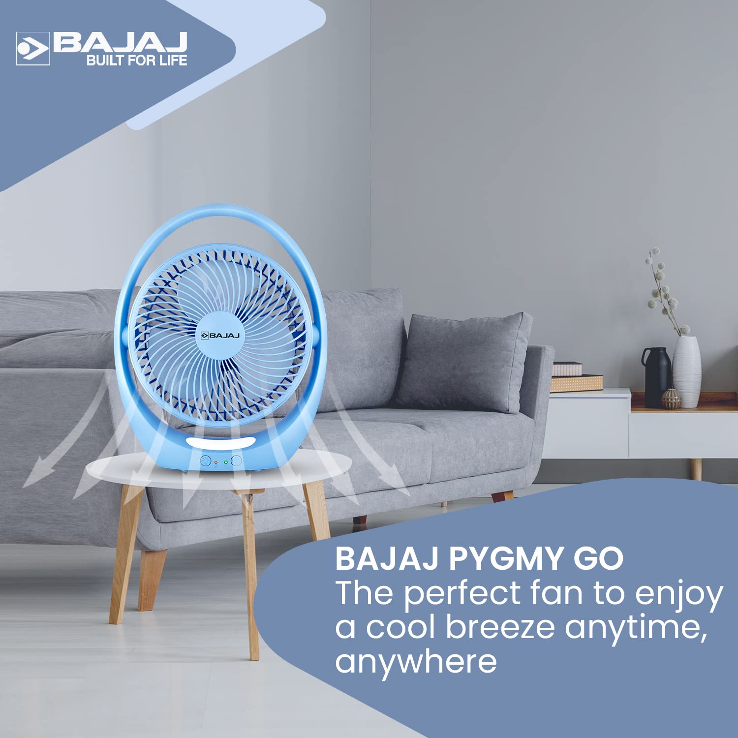 Bajaj Pygmy Go 178 mm Mini Fan with LED Lighting| Rechargeable Fan| USB Charging Fan| 4-hours Battery Backup| 3 Fan Speed| 2-Light Brightness Setting| High Speed Table Fan| Blue Portable Fan 