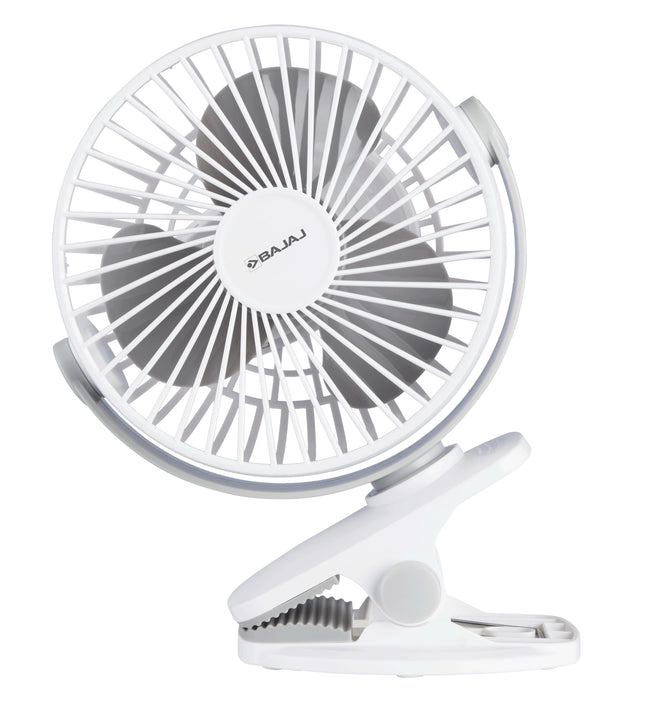 Bajaj Pygmy Mini Fan 110MM | USB Charging | Multi-Clip Function | Rechargeable | 4-Hr Back-up | Silent Operation | Longer Battery Life | Energy Efficient | Portable【White】 